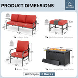 MFSTUDIO 6 Piece Metal Patio Furniture Set with Fire Pit Table, Red