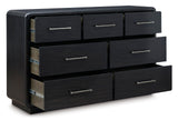 Signature Design by Ashley Rowanbeck Modern Seven-Drawer Dresser with Waterfall Edges, Nickel-Tone Hardware, Wood and Ash Veneer, Black Finish, 63.75' W