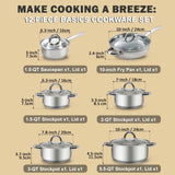 Cook N Home Kitchen Cookware Sets, 12-Piece Basic Stainless Steel Pots and Pans, Silver