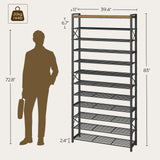 YATINEY 12-Tier Shoe Rack, 39.4" L Shoe Shelf for 54-60 Pairs of Shoes, Tall Shoe Storage Organizer with Metal Frame, Large Capacity Shoes Rack for Entryway, Closet, Rustic Brown and Black SS40BR