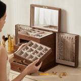 Homruilink Black Walnut Wooden Jewelry Box, Wood Jewelry Organizer with 2 Side Doors Mirror Lockable Classical Style for Watch Necklace Ring Earring Storage Gifts-6 Layer