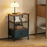 Tensirock Side Table with Charging Station, Nightstand with Adjustable Fabric Drawer, Bedside Table for Bedrooms, Living Rooms & Home Decor (Brown Black)
