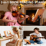 2 in 1 Dual-use Music Stand & Desktop Book Stand, Adjustable Height 16.5"-51", 100% Solid Wood Laptop Floor Stand Book Holder with Elastic Page Clips for Cookbooks (Brown with Tray and Wheels)