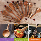 Kitchen Utenails Set with Holder,Kitchen Wooden Utensils for Cooking, Wood Utensil Natural Teak Wood Spoons for Cooking
