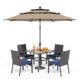 PHI VILLA 5pc Patio Dining Set with Umbrella, Square Table, Rattan Chairs