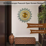 Peacock Wall Clock, 3D Large Creative Metal Decorative Silent Clock, Elegant Non-Ticking Luxury Art Hanging Clock for Living Room Bedroom Home Office Decor for Housewarming Family Art Lovers,Dia 20 in