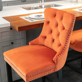 MOOLSUN Set of 6 Blue Velvet Bar Stools - Classic Fixed Height Design with Button Tufted Seat, Solid Wood Frame & Chrome Nailheads, Perfect for Standard Kitchen Island & Home Bar,Orange(Wood Leg)