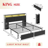 Lazmvlz King Size LED Bed Frame with Upholstered Headboard, 2 Storage Cabinets & 2 Drawers, Platform Bed with Charging Station, No Box Spring Needed, Easy Assembly, Black