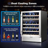 Tylza 24'' Wine Fridge, Dual Zone Wine Refrigerator, 54 Bottles, Lock, Glass Door, Built-in Compressor, 6 Adjustable Shelves, Undercounter or Freestanding