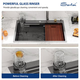 Sarlai 33 Inch Waterfall Kitchen Sink - 33x22 Black Waterfall Drop In Sink Workstation Stainless Steel 16 Gauge Smart Sinks Multifunction Single Bowl Top Mount Kitchen Sinks with Faucet Combo