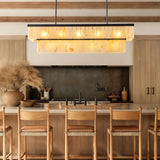 CEENWE Rectangle Alabaster Chandelier, L54 Linear Chandeliers Over Table Pendant Light Modern Mrable Rectangular Chandelier for Kitchen Island Dining Room Living Room 2-Tier Black(Include 16 Bulbs)