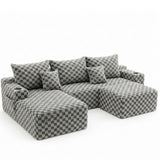 Boneless Couch Cloud Modular Sectional Sofa, Convertible L Shaped 3 Seat Corduroy Deep Seat Boneless Couches with 5 Pillows for Living Room, Apartment (Gray, Checked, Left Facing Chaise+Ottoman)