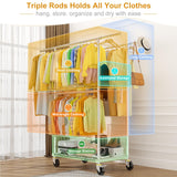 100% Stainless Steel Heavy Duty Clothes Rack Load 960LBS, Three Rods Clothing Racks for Hanging Clothes Extendable，Rolling Garment Rack With Sturdy Wheels Shelves Hooks, Portable Closet Wardrobe Rack