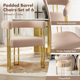 Hyfirm Velvet Dining Chairs Set of 6, Khaki Upholstered Barrel Armchairs with Gold Metal Legs for Kitchen Island