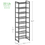 Nunsino Narrow Shoe Rack, 8-Tier Metal Shoe Organizer,Tall Shoe Shelf with Anti-Tip Strap, Max Holds 18 Pairs,Space Saving for Closet,Entryway,Black