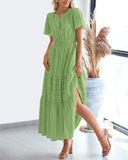 BTFBM Womens Summer 2026 Casual Midi Maxi Dresses Lightweight Short Sleeve V Neck Elastic Waist Boho Beach Dress Pockets(Green, Small)