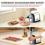 Electric Meat Grinder, 2600W Max 3-IN-1 Heavy Duty Sausage Stuffer with Sausage tube & Kubbe Kit, 3 Grinding Plates 2 Blades for Home Kitchen & Small Commercial Use, Stainless Steel