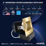 LUXRITE 4 Inch Recessed Light, Regressed Canless LED Spotlight, 5CCT 2700K-5000K, CRI90, 22W, 1700 Lumens High Output, 38º, Interchangeable Square Brass Trim, Dimmable, IC Rated, Wet Rated (4 Pack)