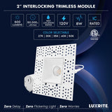 LUXRITE 2 Inch Square Trimless LED Recessed Light, 5CCT Selectable 2700K-5000K, Interlocking Module, 8W, 600LM, Dimmable Ceiling Spotlight, Wet Rated, IC Rated, ETL Listed (6 Pack)