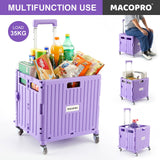 Foldable Utility Cart Folding Portable Rolling Crate Handcart with Durable Heavy Duty Plastic Telescoping Handle Collapsible 4 Rotate Wheels (Purple)