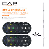 CAP Barbell 260 lb Economy Olympic Weight Set with 7ft Chrome Barbell & Black Bumper Plates with Color Logo