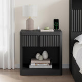 Harpaq Fluted Nightstand with Charging Station, 23.6" End Table with Solid Wood Handle, Curved Profile Design, Mid Century Moden Bedside Table for Bedroom, Black