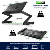 Executive Adjustable Laptop Stand for Desk w/2 Fans & 3 USB Ports, Ergonomic Foldable Laptop Holder Uncaged Ergonomics