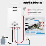 Syfuulv Propane Tankless Water Heater Outdoor, 1.58 GPM Portable Water Heater Instant Hot, 41,000 BTU, LED Digital Display, Overheating Protection, Camping, RV, Cabin, Barn, White 6L
