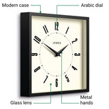 JONES CLOCKS® Box wall Clock | Retro Square | 10 inch | Black | Easy to Read Numbers | Perfect Kitchen or Office Clock