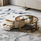 homary Round Nesting Coffee Table, 28”-32” Rotating Coffee Tables with Heat-Resistant Sintered Stone & Tempered Glass Top, Gold Frame for Modern Living Room (Glossy Ivory)