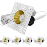 LUXRITE 1-Inch LED Trimless Recessed Spotlight with Brass Reflector Trim Replacement 10W, 850LM, 2700K-5000K, 38° Beam Angle, Dimmable, Push-n-Lock, CRI90, Damp & IC Rated, ETL White + Brass (4 Pack)