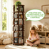 6 Tier 360° Rotating Solid Wood Bookshelf with Wheels, Lazy Susan Circular Spinning Revolving Corner Bookcase