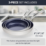3-Piece 8”, 10”, 12” Forged Lightweight Frying Pan Set, G10 Healthy Duralon Blue Ceramic Ultra Non-Stick Nuwave