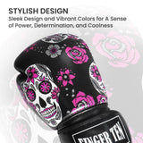 Boxing Gloves Women Punching Sparring Kickboxing MMA Training Heavy Bag Glove Pink White Rosy Black Leather for 8 10 12 14 oz for Womens(Black Printed, 14 oz) FINGER TEN
