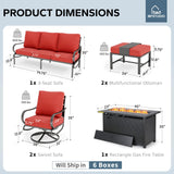 MFSTUDIO 6 Piece Metal Patio Furniture Set with Fire Pit Table, Red