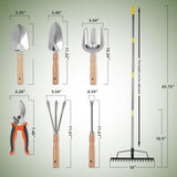 8 Piece Stainless Steel Gardening Tool Set - 17 Tine Heavy Duty Rake, 5 Piece Hand Tool Kit, Pruning Shears, and Gloves