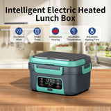 EDCREATY Electric Heated Lunch Box, 1.5L - 6.3 Cups 100W Rechargeable Smart Self-Heating Food Warmer with Removable Divider, Spoon, Fork, BPA Free, Portable Lunchbox for Car Travel Office Lake Green