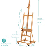 VISWIN Extended Large H-Frame Easel for Painting, Adjustable Beech Wood Artist Easel Stand with 4 Wheels & Storage Tray, Foldable Art Easel Floor for Adults, Hold Canvas up to 93" - N