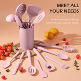 Homikit 15-Piece Kitchen Utensil Set, Silicone Cooking Utensils Spatula Set with Holder for Nonstick Cookware-Pink