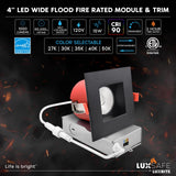 LUXRITE 6-Pack 4 Inch Square LED Recessed Lights with J-Box, 5CCT 2700K-5000K, 2 Hour Fire Rating, 15 Watts, 1000 Lumens, 60° Spotlight, Dimmable, IC Rated, Wet Rated, ETL - Black Trim