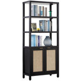 SICOTAS 71" Tall Rattan Bookshelf with Doors for Living Room Library