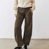 SeeLuNa Women Barrel Travel Pants Elastic Waistband Tapered Leg Baggy Mid Rise Work Trousers Lounge Pant with Pockets(Coffee,M)