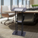 Curved Podium Stand 120cm/47in Height, Metal Black Pulpit Lectern Countertop Size 60x40cm with Baffle & Cup Holder