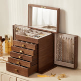 Homruilink Black Walnut Wooden Jewelry Box, Wood Jewelry Organizer with 2 Side Doors Mirror Lockable Classical Style for Watch Necklace Ring Earring Storage Gifts-6 Layer