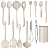 15-Piece Kitchen Cooking Utensils Set with Holder, Homikit Heat Resistant Food Grade Silicone Kitchen Utensils include Slotted Spatula- Khaki