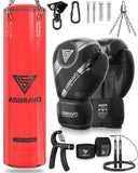 ASBRAVO Punching Bag for Adults, 4ft PU Heavy Boxing Bag Set 12OZ Gloves for MMA Muay Thai Kickboxing Training Home Gym, Martial Art (Unfilled)-Red