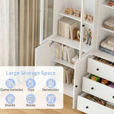 TUSY 71" H Bookshelf with Storage, 6-Tier Modern Bookshelves with 3 Large Drawer, Display Bookcase with Glass Doors, Modern 5-Tier Curio Cabinet for Home Office, Dining Room (White, AB)