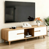 Quvex 55.1" Mid Century TV Stand for 43-60 Inch TVs, Natural & White Entertainment Center with Storage Cabinets, Open Shelf, Cable Management, Solid Wood Legs, Modern Media Console for Living Room