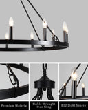 12-Light Black Wagon Wheel Chandelier for Dining Room Farmhouse Pendant Light Fixtures Outdoor for Rustic High Ceilings Round Chandeliers for Living Room Entryway Foyer Kitchen Island,38",E12