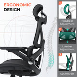 Mesh Office Chair, Adjustable Lumbar High Back Desk Chair 400lbs, 4D Flip-up Arms, 3-Level Tilt Backrest, 3D Headrest, PU Wheels